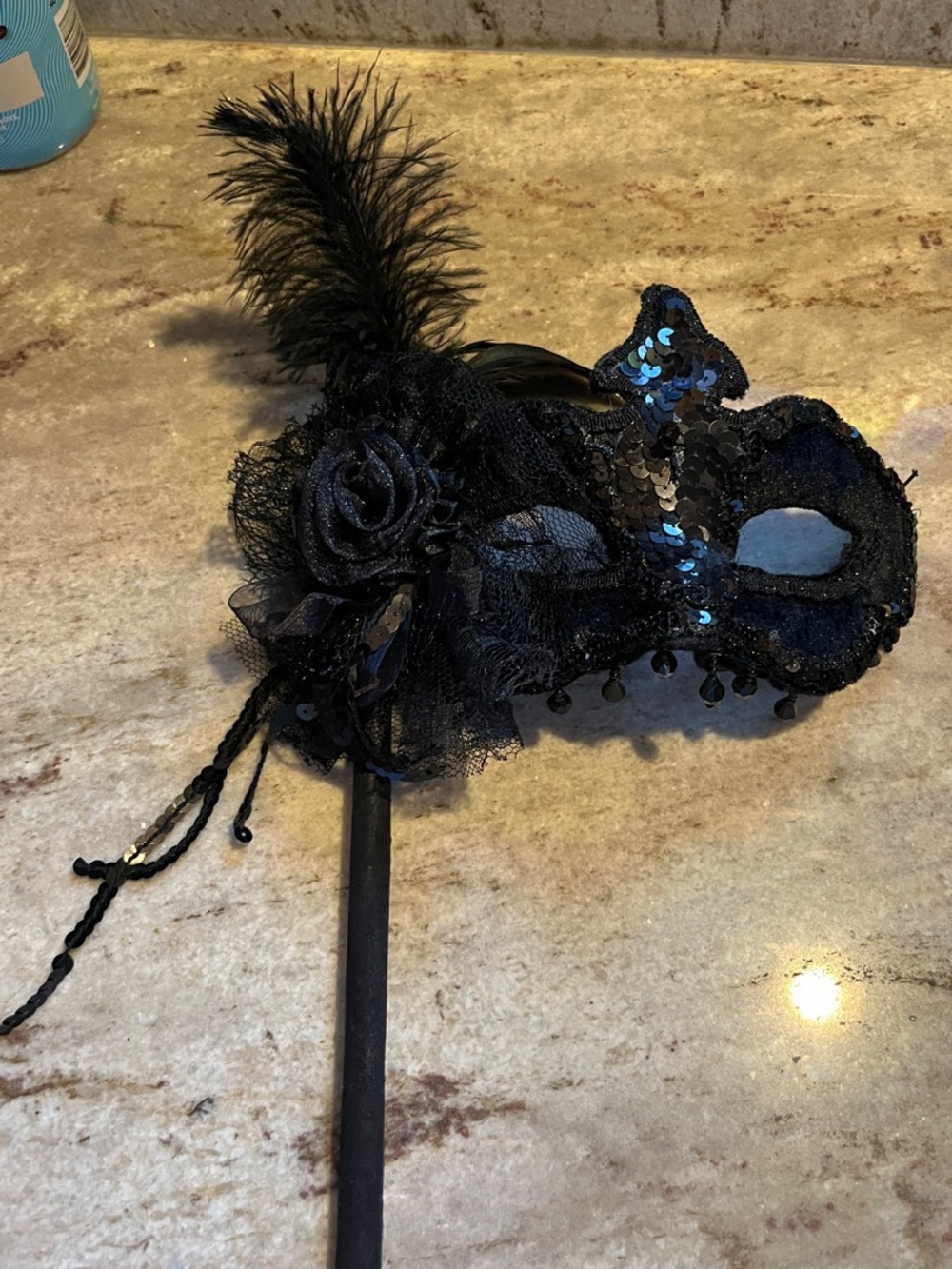 Black Sequin Feather Masquerade Mask on Stick